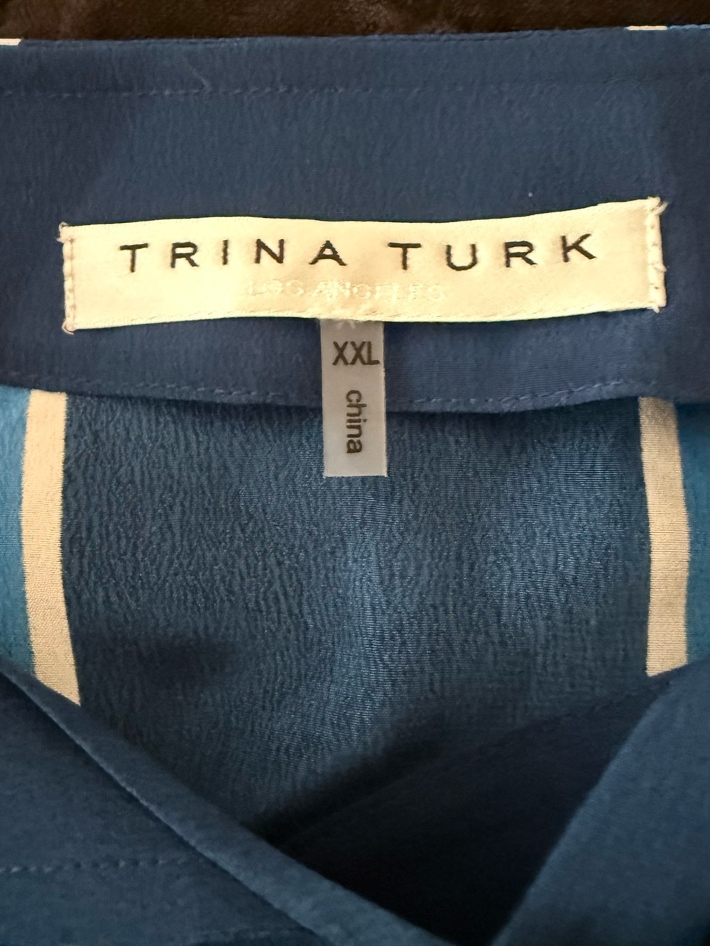 Trina Turk Silk Navy Orange & White Geo-Print Split-Neck Blouse - Picture 4 of 5